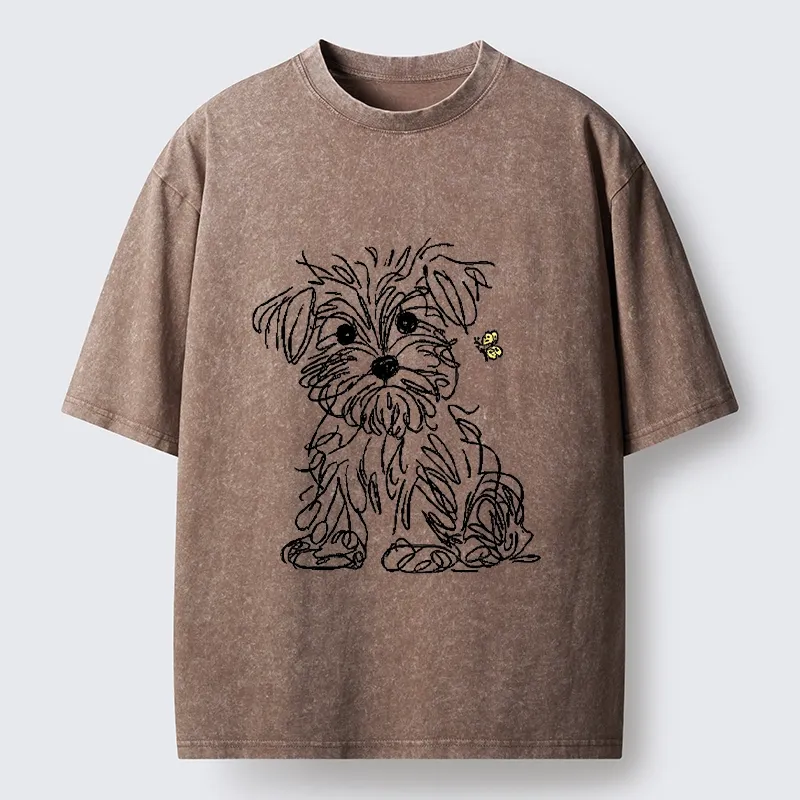 Tokyo-Tiger Simple Line Dog Tiny Butterfly Washed T-Shirt