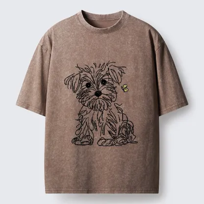 Tokyo-Tiger Simple Line Dog Tiny Butterfly Washed T-Shirt