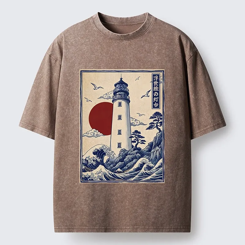 Tokyo-Tiger Classic Wave Lighthouse Sunrise Print Washed T-Shirt
