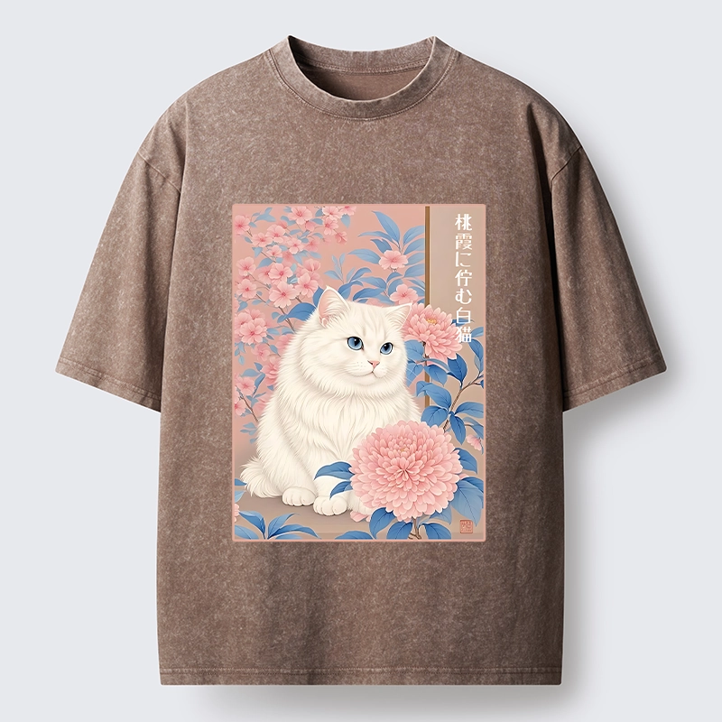 Tokyo-Tiger White Cat Pink Blossom Soft Art Washed T-Shirt