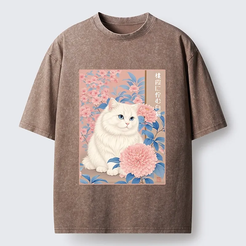 Tokyo-Tiger White Cat Pink Blossom Soft Art Washed T-Shirt