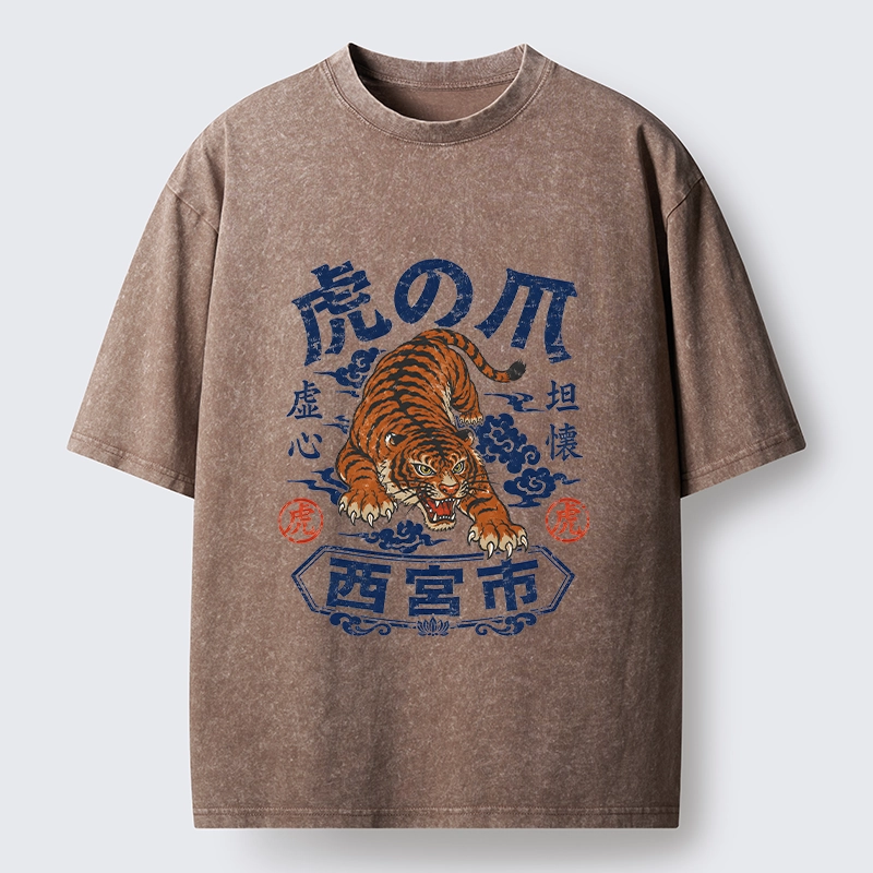 Tokyo-Tiger Brave Tiger Traditional Print Washed T-Shirt