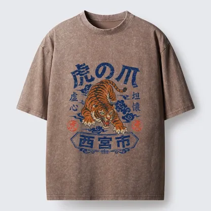 Tokyo-Tiger Brave Tiger Traditional Print Washed T-Shirt