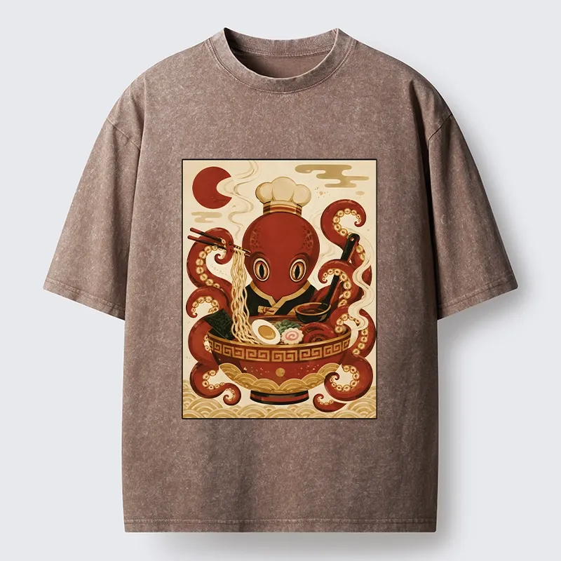 Tokyo-Tiger Red Octopus Master Noodle Maker Washed T-Shirt