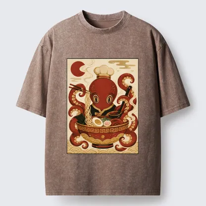 Tokyo-Tiger Red Octopus Master Noodle Maker Washed T-Shirt
