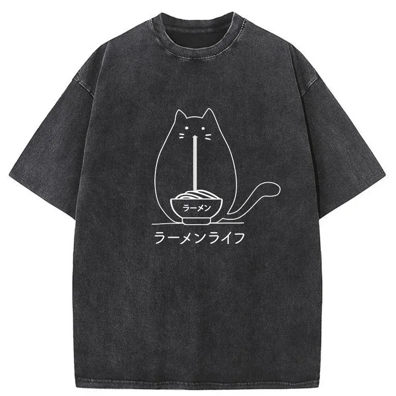 Tokyo-Tiger Funny Cat Eating Ramen Washed T-Shirt