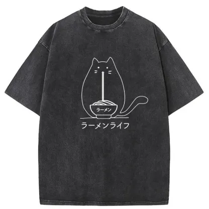 Tokyo-Tiger Funny Cat Eating Ramen Washed T-Shirt