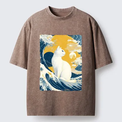 Tokyo-Tiger Ukiyo Cat Giant Ocean Wave Print Washed T-Shirt