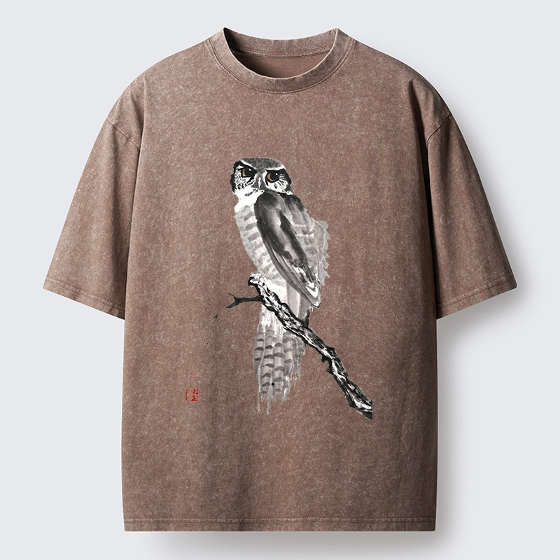 Tokyo-Tiger Minimal Ink Owl Oriental Brush Art Washed T-Shirt