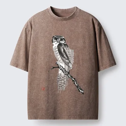 Tokyo-Tiger Minimal Ink Owl Oriental Brush Art Washed T-Shirt