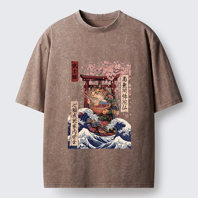 Tokyo-Tiger Samurai Cat Eating Noodles Wave Scene Washed T-Shirt