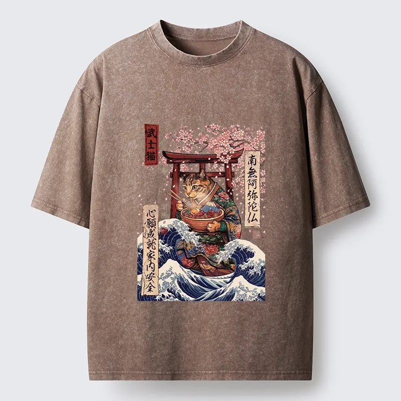 Tokyo-Tiger Samurai Cat Eating Noodles Wave Scene Washed T-Shirt