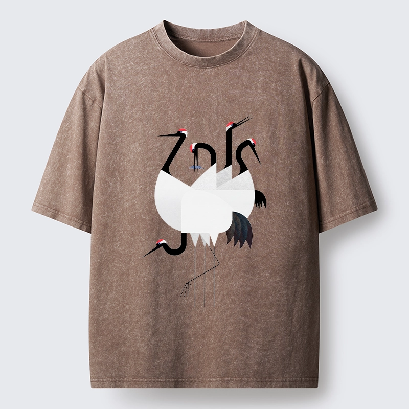 Tokyo-Tiger Minimal Shaped Cranes Simple Graphic Washed T-Shirt