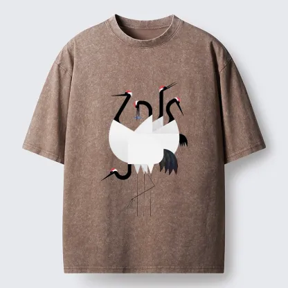 Tokyo-Tiger Minimal Shaped Cranes Simple Graphic Washed T-Shirt