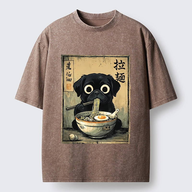 Tokyo-Tiger Cute Black Dog Eating Hot Ramen Washed T-Shirt