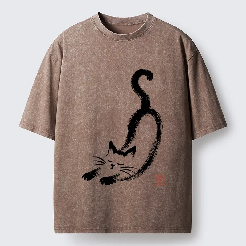 Tokyo-Tiger Soft Ink Stretch Cat Oriental Brush Art Washed T-Shirt
