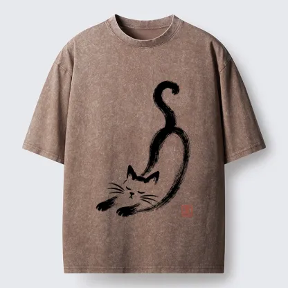 Tokyo-Tiger Soft Ink Stretch Cat Oriental Brush Art Washed T-Shirt