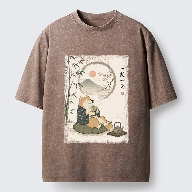 Tokyo-Tiger Funny Meme Cozy Tea Time Shiba Inu Washed T-Shirt