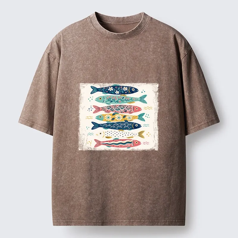 Tokyo-Tiger Simple Folk Art Floral Fish Group Design Washed T-Shirt