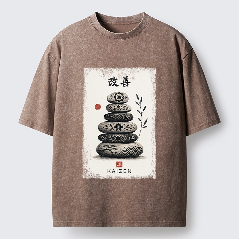 Tokyo-Tiger Japanese Balance Stone Floral Print Washed T-Shirt