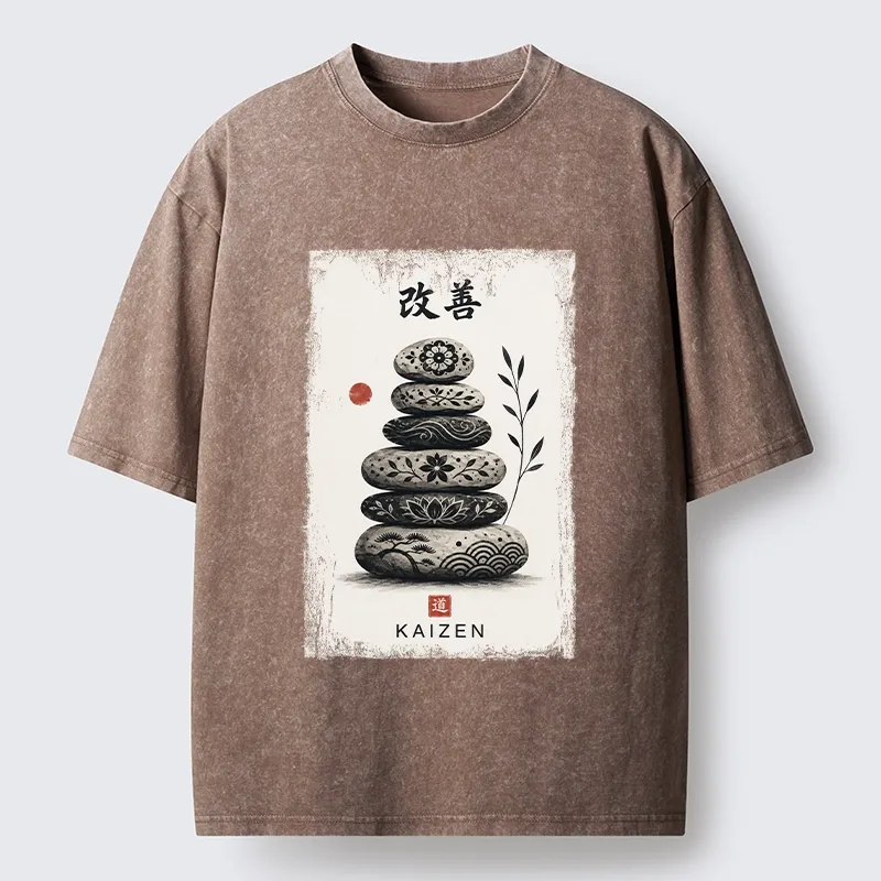 Tokyo-Tiger Japanese Balance Stone Floral Print Washed T-Shirt