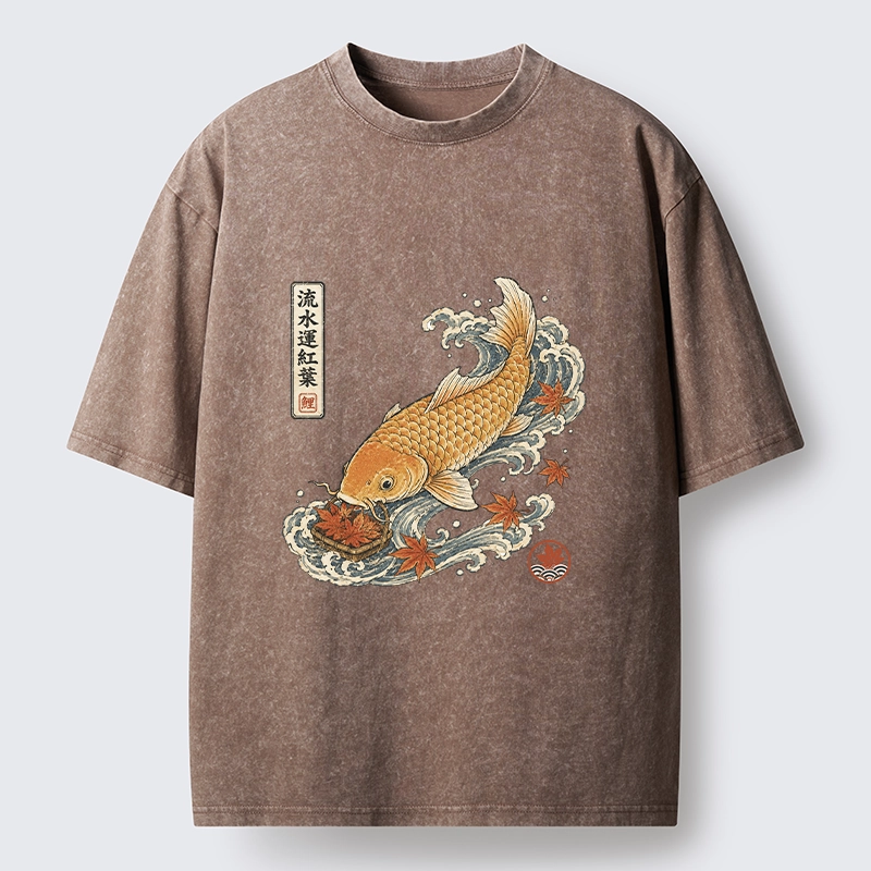 Tokyo-Tiger Golden Koi Carp Maple Leaf Wave Art Washed T-Shirt