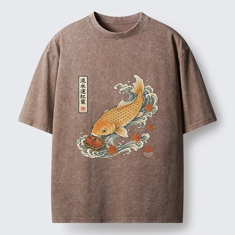 Tokyo-Tiger Golden Koi Carp Maple Leaf Wave Art Washed T-Shirt