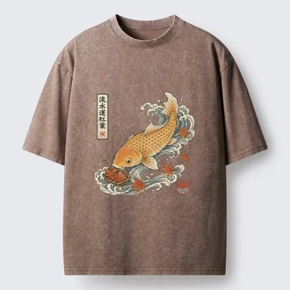 Tokyo-Tiger Golden Koi Carp Maple Leaf Wave Art Washed T-Shirt