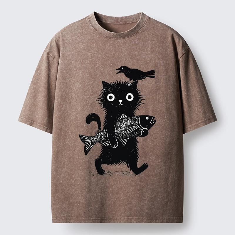 Tokyo-Tiger Wild Fluffy Cat Fish Crow Vintage Print Washed T-Shirt