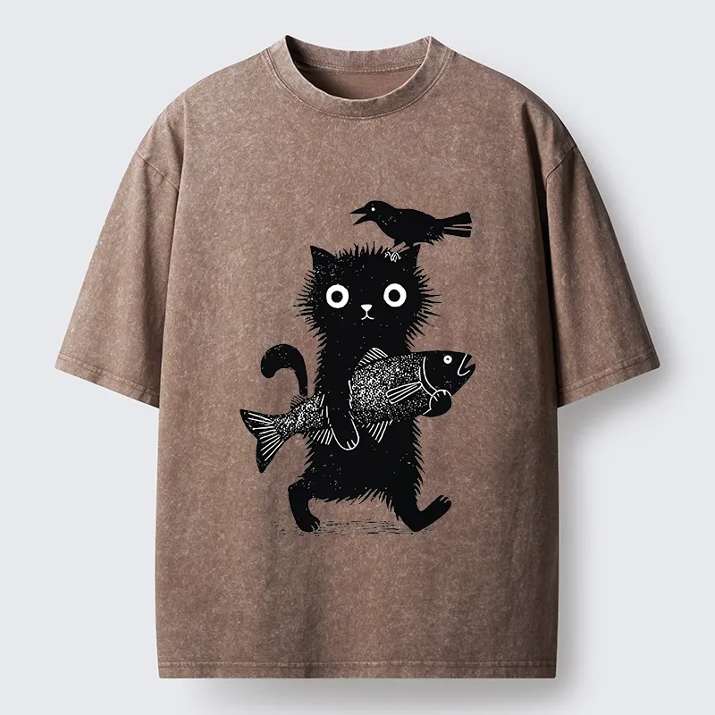 Tokyo-Tiger Wild Fluffy Cat Fish Crow Vintage Print Washed T-Shirt