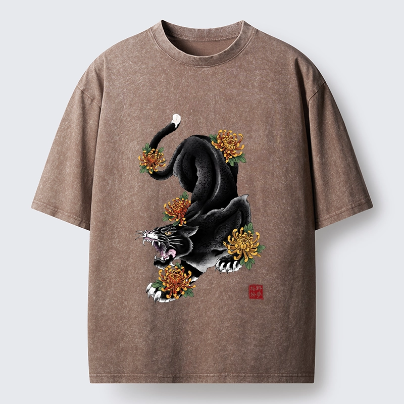 Tokyo-Tiger Wild Black Cat Panther Autumn Flower Graphic Washed T-Shirt