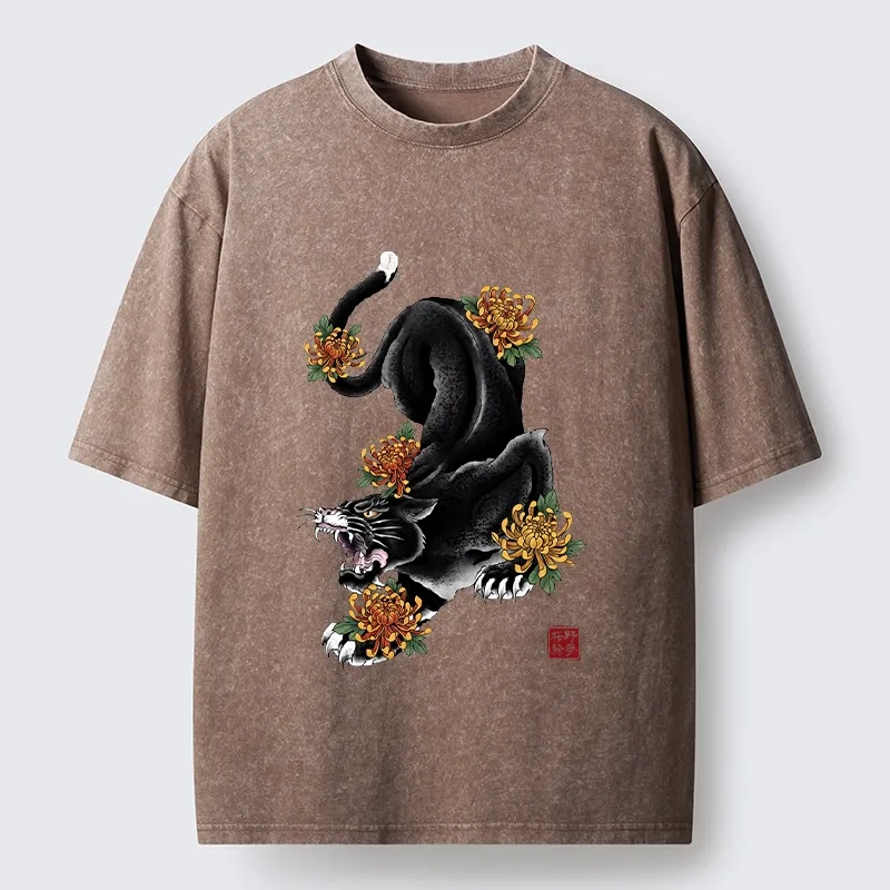 Tokyo-Tiger Wild Black Cat Panther Autumn Flower Graphic Washed T-Shirt