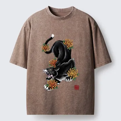 Tokyo-Tiger Wild Black Cat Panther Autumn Flower Graphic Washed T-Shirt