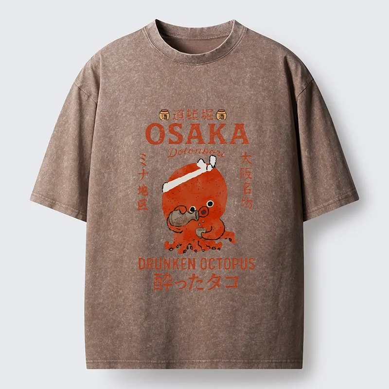 Tokyo-Tiger Vintage Osaka Octopus Sake Drinking Print Washed T-Shirt