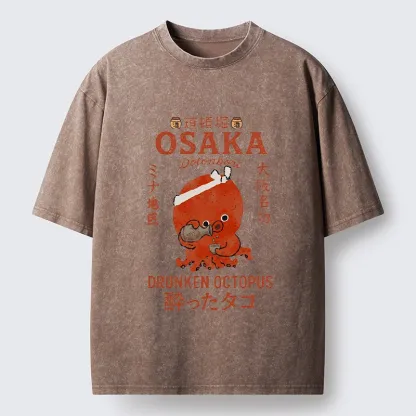 Tokyo-Tiger Vintage Osaka Octopus Sake Drinking Print Washed T-Shirt
