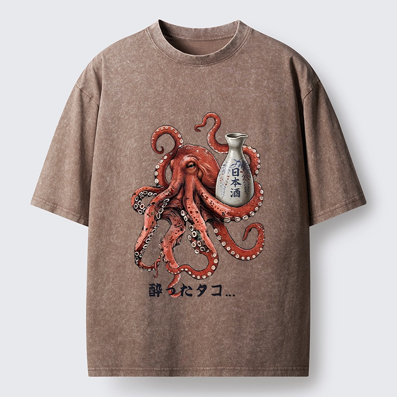 Tokyo-Tiger Japanese Drunken Octopus Sake Pot Art Washed T-Shirt