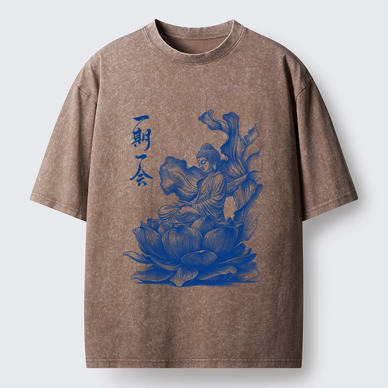 Tokyo-Tiger Calm Buddha On Big Lotus Zen Graphic Washed T-Shirt