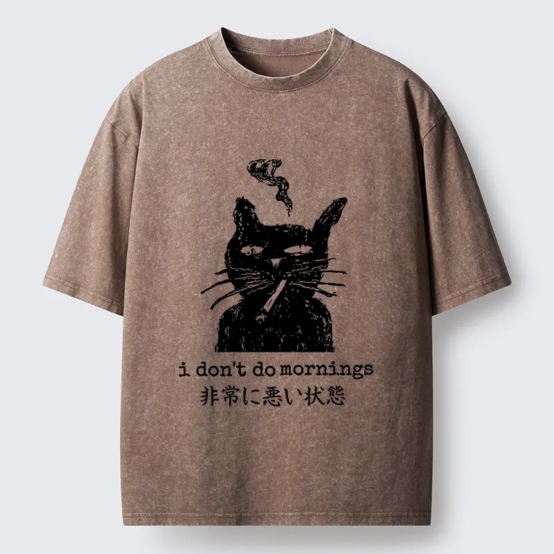 Tokyo-Tiger Sassy Smoke Cat Morning Hater Meme Art Washed T-Shirt Sale