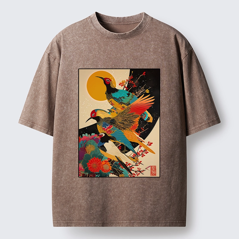 Tokyo-Tiger Sunrise Pheasants Blossom Oriental Art Design Washed T-Shirt
