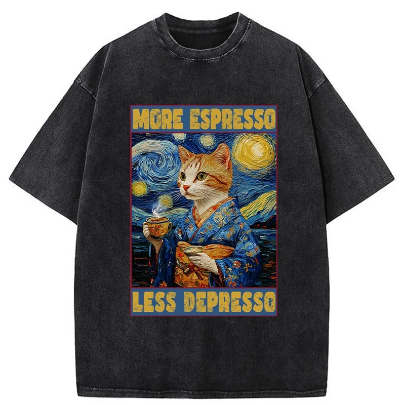 Tokyo-Tiger Funny More Espresso Less Depresso Washed T-Shirt Sale