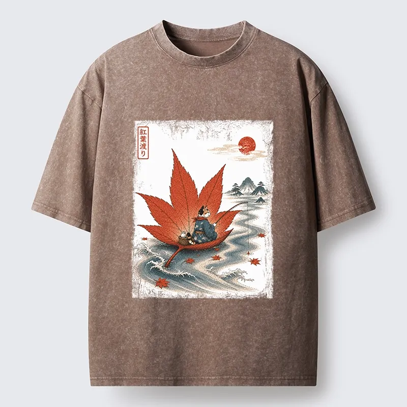 Tokyo-Tiger Japanese Cat Maple River Fishing Vintage Art Washed T-Shirt