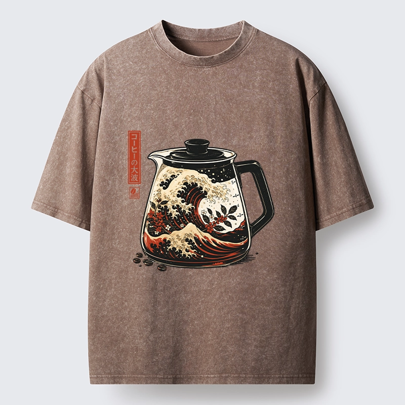 Tokyo-Tiger Coffee Pot Great Wave Coffee Beans Art Washed T-Shirt