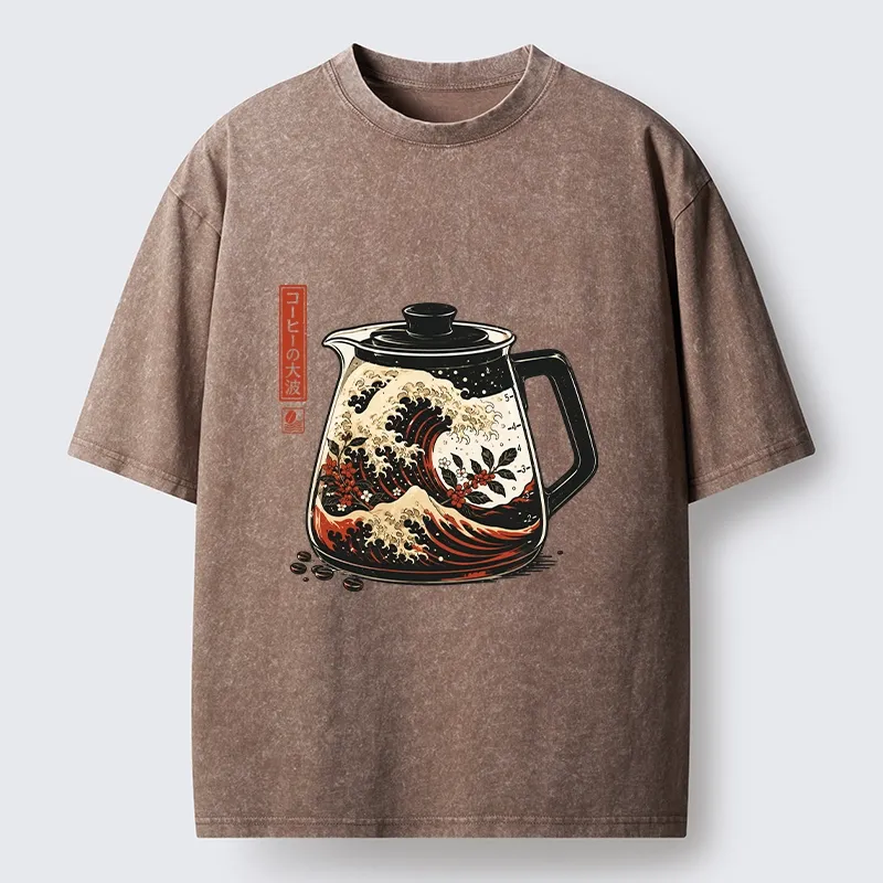 Tokyo-Tiger Coffee Pot Great Wave Coffee Beans Art Washed T-Shirt