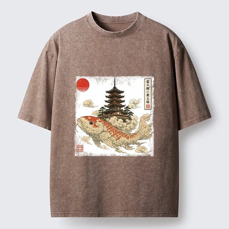 Tokyo-Tiger Sacred Koi Carp And Ancient Temple Tower Art Washed T-Shirt Sale
