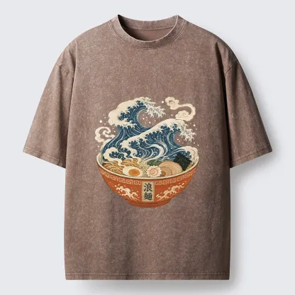 Tokyo-Tiger Ramen Bowl Holds Giant Ocean Wave Graphic Washed T-Shirt