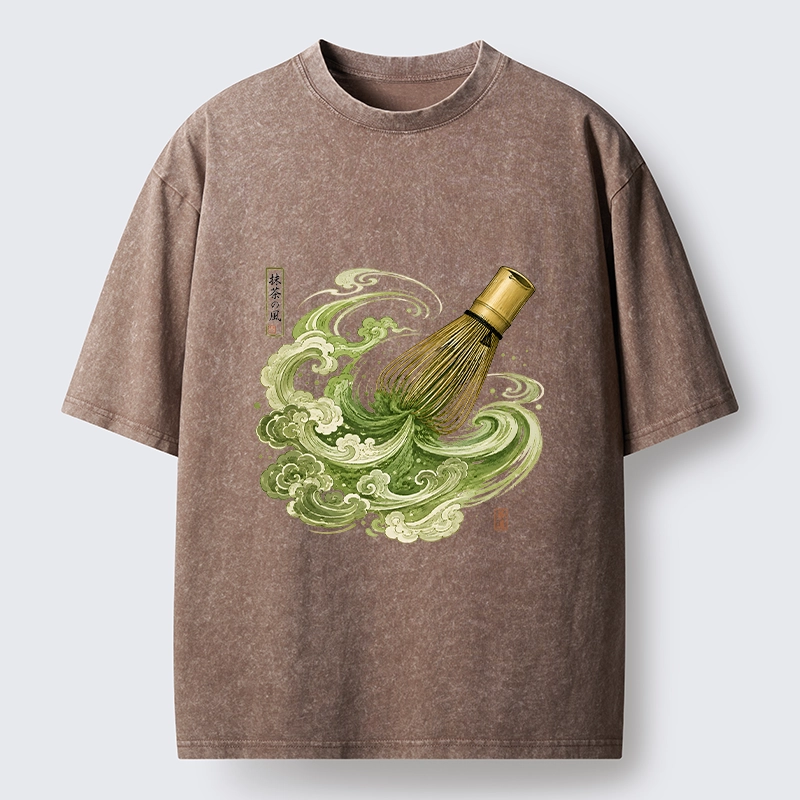 Tokyo-Tiger Zen Matcha Wave Bamboo Whisk Vintage Print Washed T-Shirt