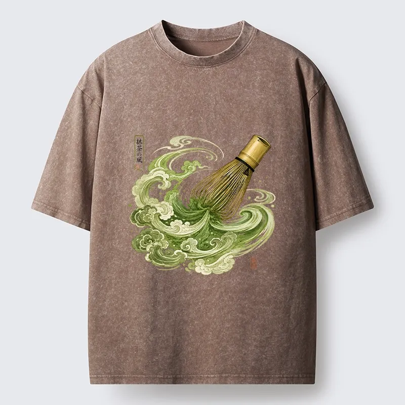 Tokyo-Tiger Zen Matcha Wave Bamboo Whisk Vintage Print Washed T-Shirt