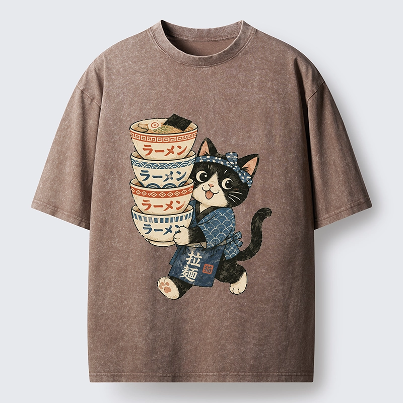 Tokyo-Tiger Funny Meme Cat Carries Stacked Ramen Bowls Washed T-Shirt