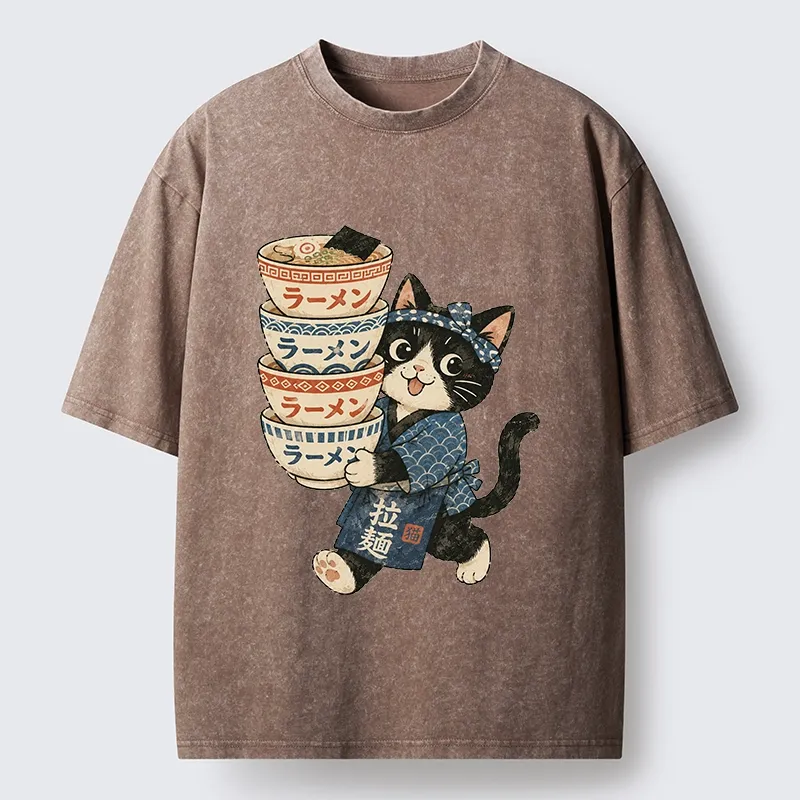 Tokyo-Tiger Funny Meme Cat Carries Stacked Ramen Bowls Washed T-Shirt Sale