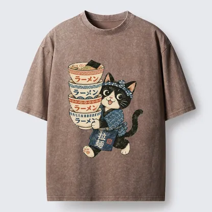 Tokyo-Tiger Funny Meme Cat Carries Stacked Ramen Bowls Washed T-Shirt